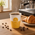 7 oz karton bardak logo baskılı, kahve ve kruvasan yanında